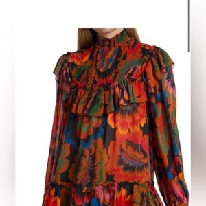 FARM Rio Women’s Orange Chevron Floral Smocked Blouse size Large